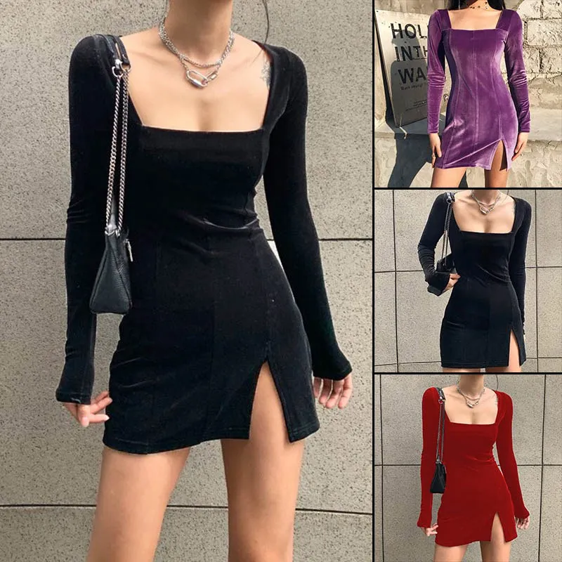 

Long Sleeve Square Neck Knitted Feminine Short Dress Autumn Split Bodycon Dress Women Sexy Winter Skinny Mini Dress