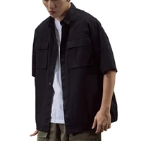 dropshipping men shirt short sleeve pockets solid color loose buttons shirt for school