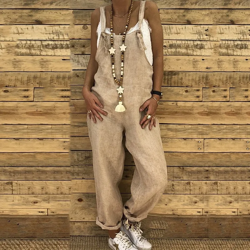 Новинка винтажные Комбинезоны из хлопка и льна повседневные женские комбинезоны