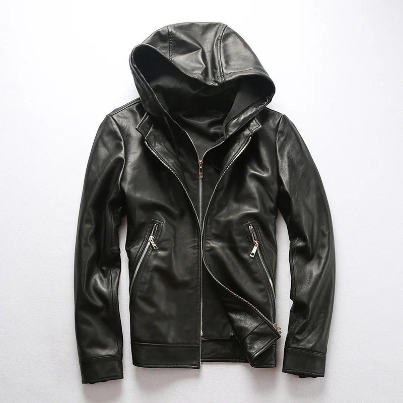Мужская куртка из натуральной овечьей кожи черная со съемным капюшоном большие