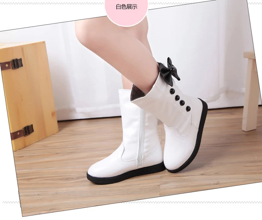 Girls Fashion Boots Autumn Winter Platforms PU Leather Mid-calf Princess Boots Butterfly-knot Ornament Toddler Kids Shoes