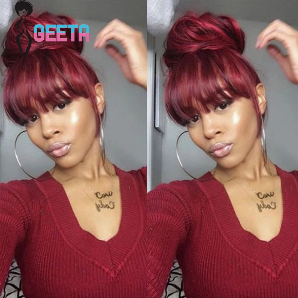 

99J Burgundy Straight Human Hair Wigs With Bangs Full Machine Made Long Wigs For Black Women Wine Red Wig Bangs 28Inch Wig Bangs