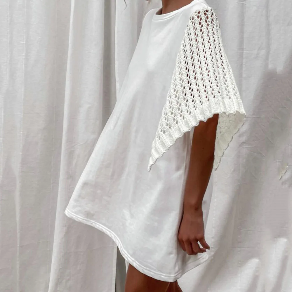 

Western Style Summer Dress 2021 Fashion Loose Casual Simple Designer Creative Solid Color Hollow Out Woolen Sleeves Round Neck