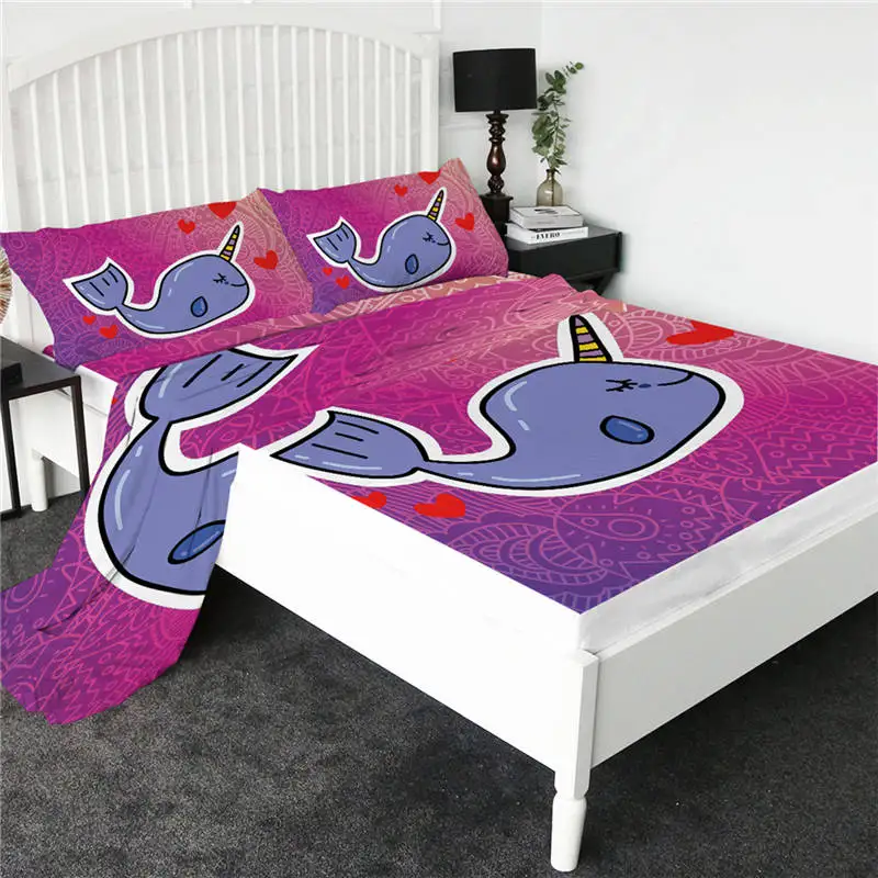 Fish BeddingOutlet простыня с мультяшными котами, цветная простыня с единорогом, плоский лист с наволочкой, постельные принадлежности, 4 шт., наматрасник - Цвет: Fish