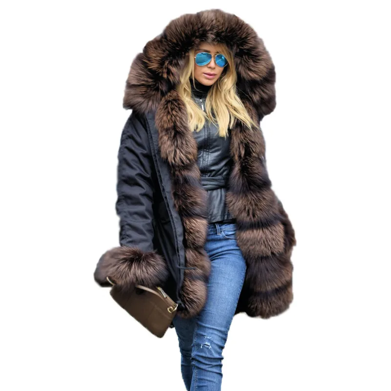 FP121502black Fandy lokar FL парка из натурального меха зимняя женская куртка модная парка из натурального меха лисы с подкладкой из натурального меха кролика меховые пальто - Цвет: FP121502black