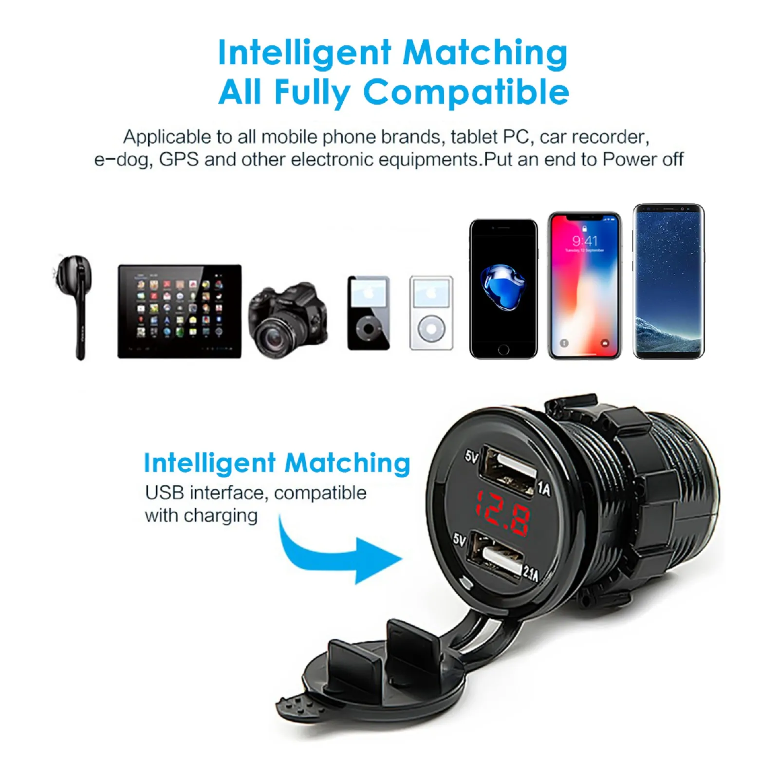 

With Connecting Cable Dual USB Port Car Cigarette Lighter Socket Plug LED Voltmeter Waterproof