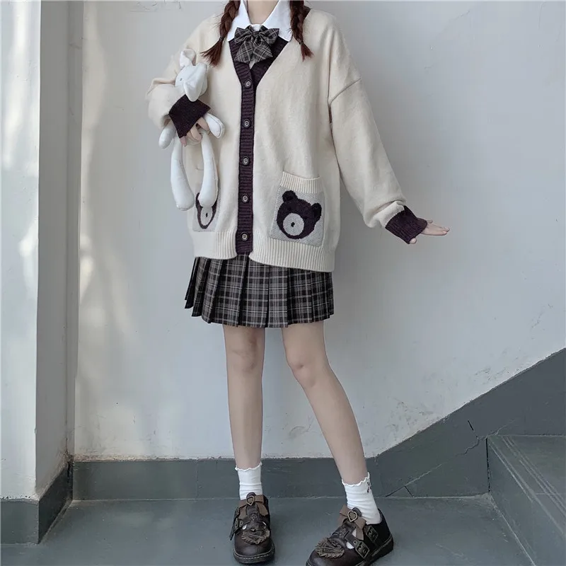 

New Autumn Preppy Style Women Jacket Japanese Color Matching Bear Knit Cardigan Female Loose Cute Uniforms Coat Mujer