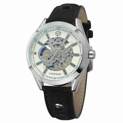 Silver-WhiteBlack Мужские механические наручные часы с скелетом, мужские механические часы, мужские часы, лучший бренд класса люкс, натуральная кожа, Montre Homme - Цвет: Silver-WhiteBlack