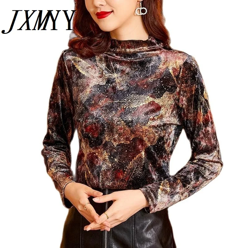 

Gold Velvet Long-Sleeved Bottoming Shirt Women's Autumn 2021 New Jacket Pullover Temperament High Neck Fashion All-Match T-Shirt