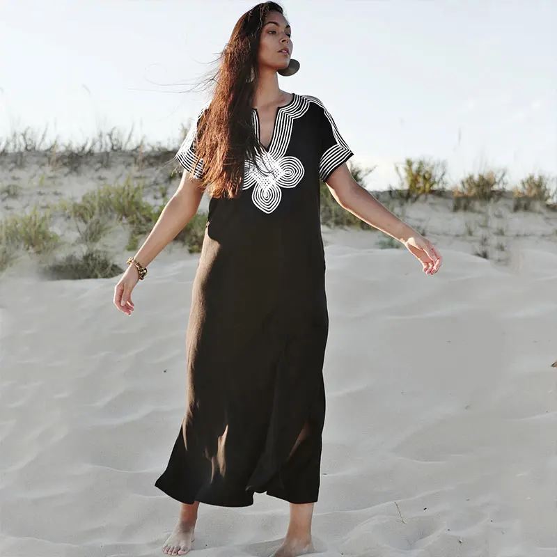 

2021 Black Elegant Gold Embroidered V-neck Short Sleeve Side Split Loose Dress Tunic Women Streetwear Kaftan Maxi Dresses N1206