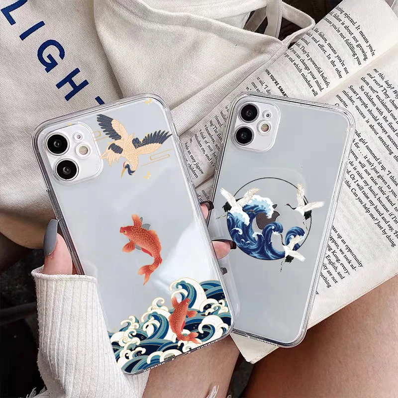 Crane and Koi Chinese style Phone Case For iPhone 13 11 12 Pro Max 8 7 Plus SE 2020 XR XS Max X Shockproof Soft Clear Back Cover