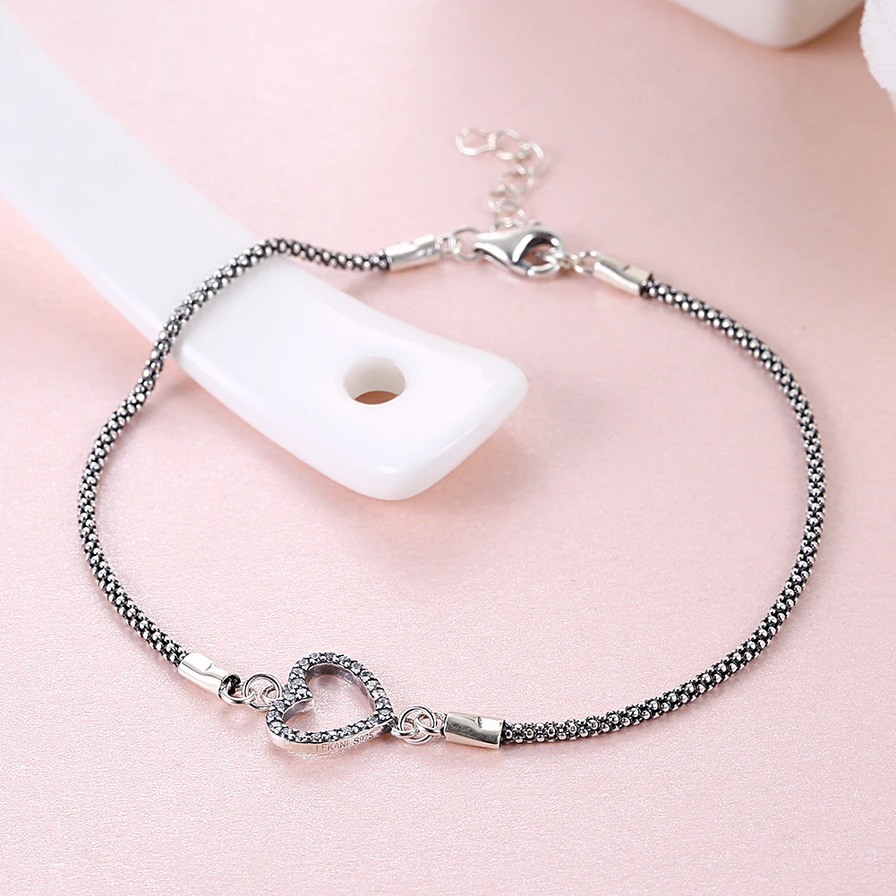 

LEKANI Sterling Silver 925 Jewelry For Women Romantic Heart Charm Bracelets Handmade Vintage Rhinestone Love Bracelet Best