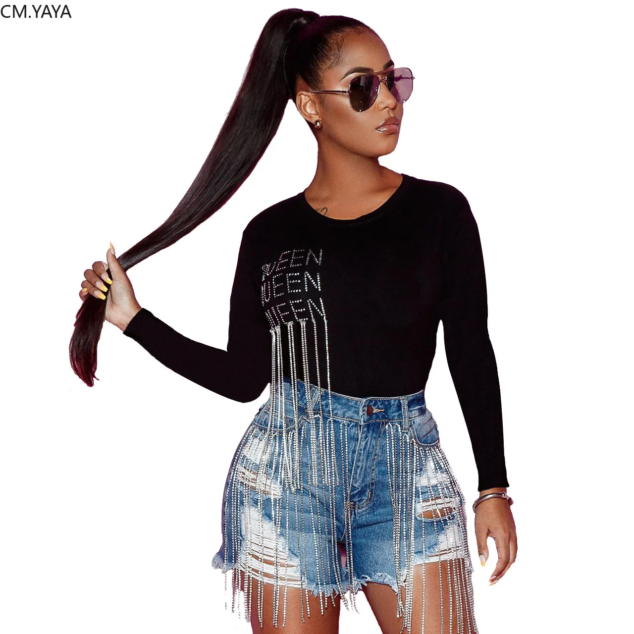 Женская футболка с блестками винтажная Классическая Повседневная длинным