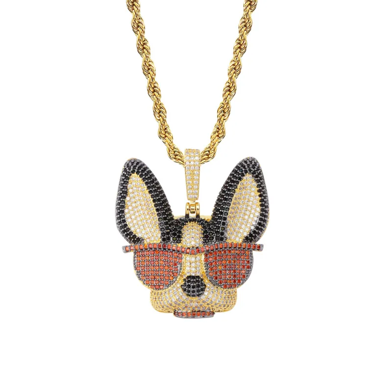

European And American Cartoon Character Dog With Sunglasses Hip-Hop Cute Pendant Full Of Gems Hipster Necklace