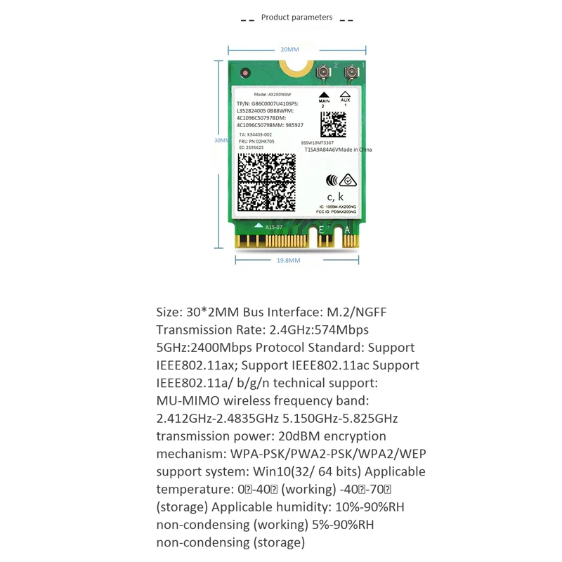 

M.2 Wifi 6 AX200 2974 / Bluetooth 5,0 802,11 MU-MIMO NGFF Windows 10