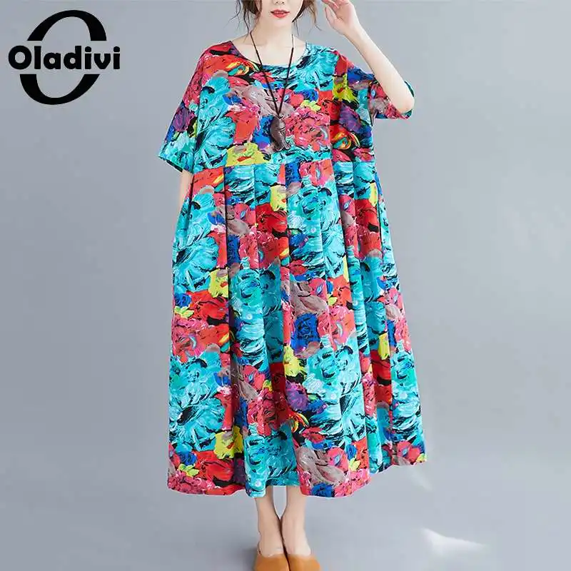 

Oladivi Oversized Fashion Floral Print Bohemian Maxi Long Dress Women Oversize Summer Beach Casual Loose Dresses Big Tunics New