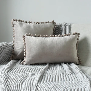 DIMI Soft Solid Square Cushion Case Pillow Decor Pom Poms Velvet Decorative Throw Pillow Covers