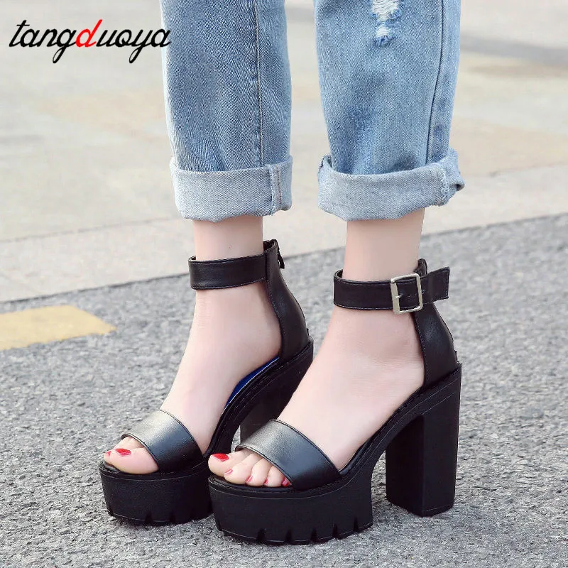 Женские босоножки с открытым носком на толстом высоком каблуке 13 см