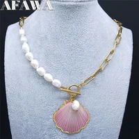 2021 fahshion shell pearl stainless steel necklace chain for womenmen gold color pendant necklace jewelry collier femme ni54s01