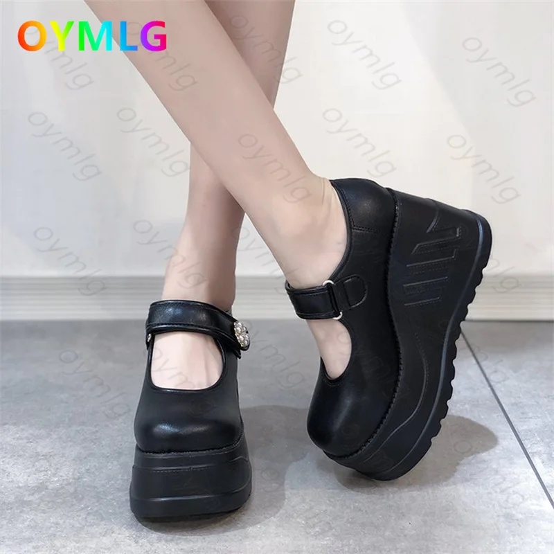 

Spring and Autumn Sponge Cake Platform Round Toe Solid Color Wedge Mary Jane High Heel Large Size Single Shoes