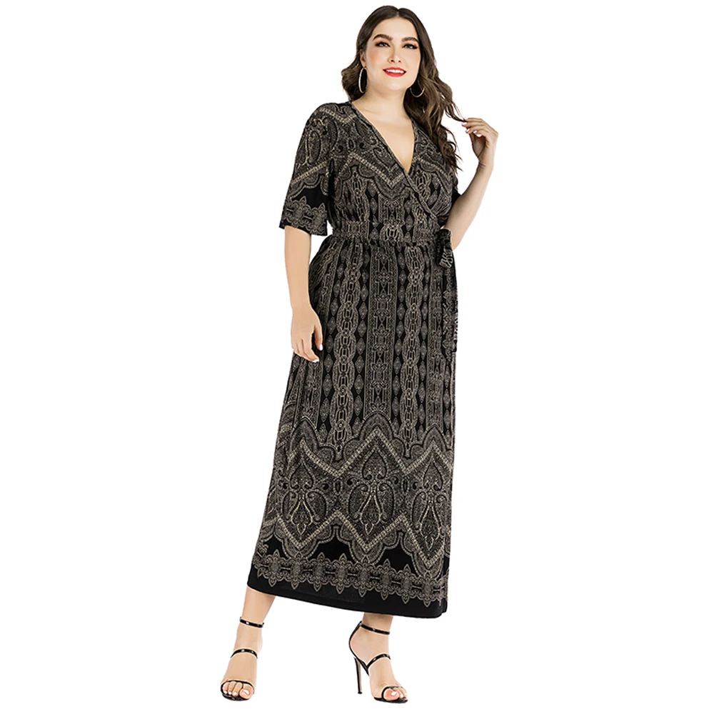 

2020 Fashion New Women Long Wrap Dress Printed Vintgae Sexy V-neck Short Sleeve Summer Casual Loose Boho Holiday Dresses Vestido