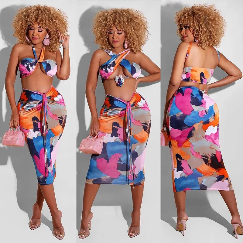 

CIBBAR Sexy Print Criss Cross Halter Two Piece Sets Women Backless Crop Top Drawstring Midi Skirt Vacation Suits Party Outfits