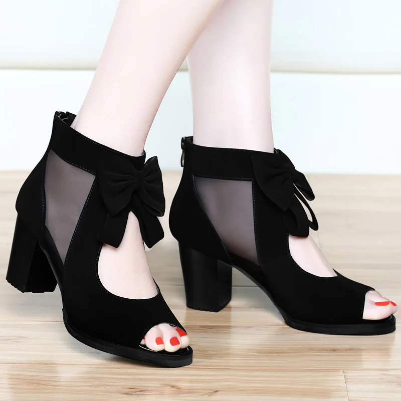 

High-heeled shoes women's Peep Toe spring and autumn mid-heeled 2022 new women's thick heel leather hollow ladies shoes