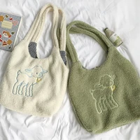 muyogrt women lamb like fabric shoulder bag canvas handbag tote large capacity embroidery shopping bag cute book bags for girls