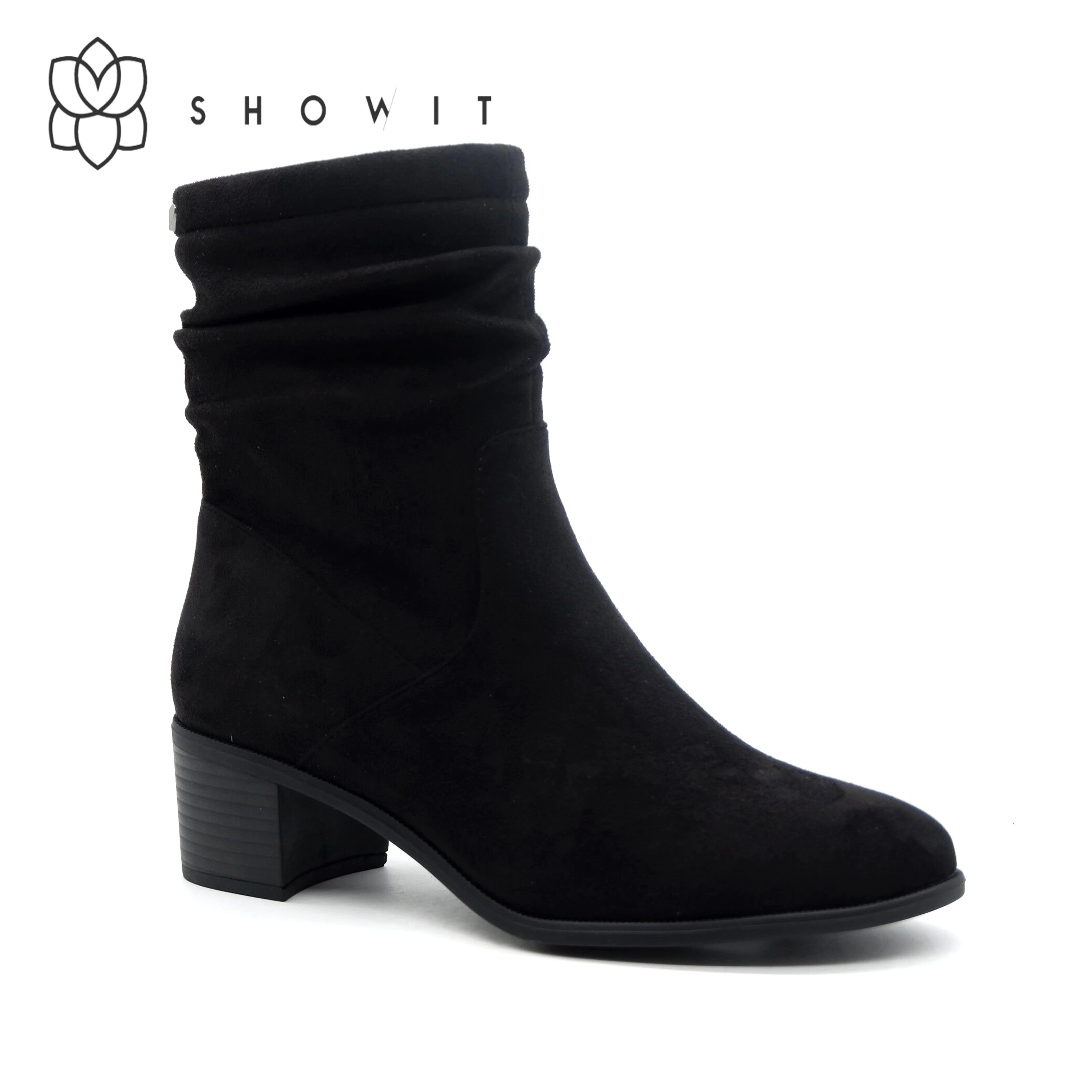 

Новое поступление, модные черные плиссированные стильные женские ботильоны на расширяющемся книзу каблуке, ботильоны на среднем каблуке с ...