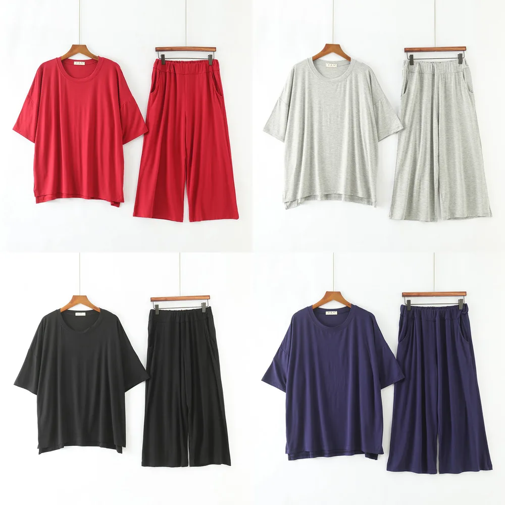

Summer Female Modal Cotton Pajamas Suit Short-sleeve Shorts Loose Large Size Pajamas Wide-leg Pants Home Service Women's Pajamas