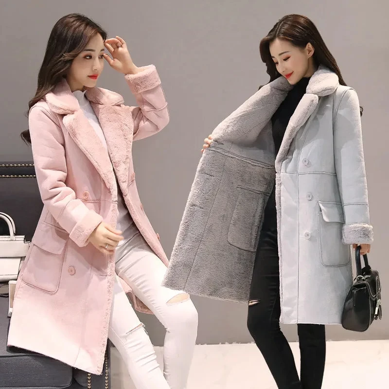 Lamb Wool Female Coat 2021 Female New Style Korean Winter Plus Velvet Thick Suede Coat Mid-length Fur Coat With Lapel Collar C12