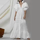 Платье женское длинное в богемном стиле, праздничный кружевной ажурный сарафан с пышными рукавами, однотонный длинный сарафан с V-образным вырезом, лето 2019