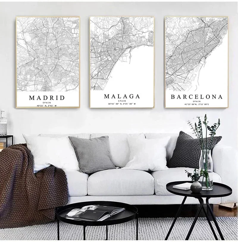 Карта испанского города Барселона Мадрид Малага Картина на холсте настенное