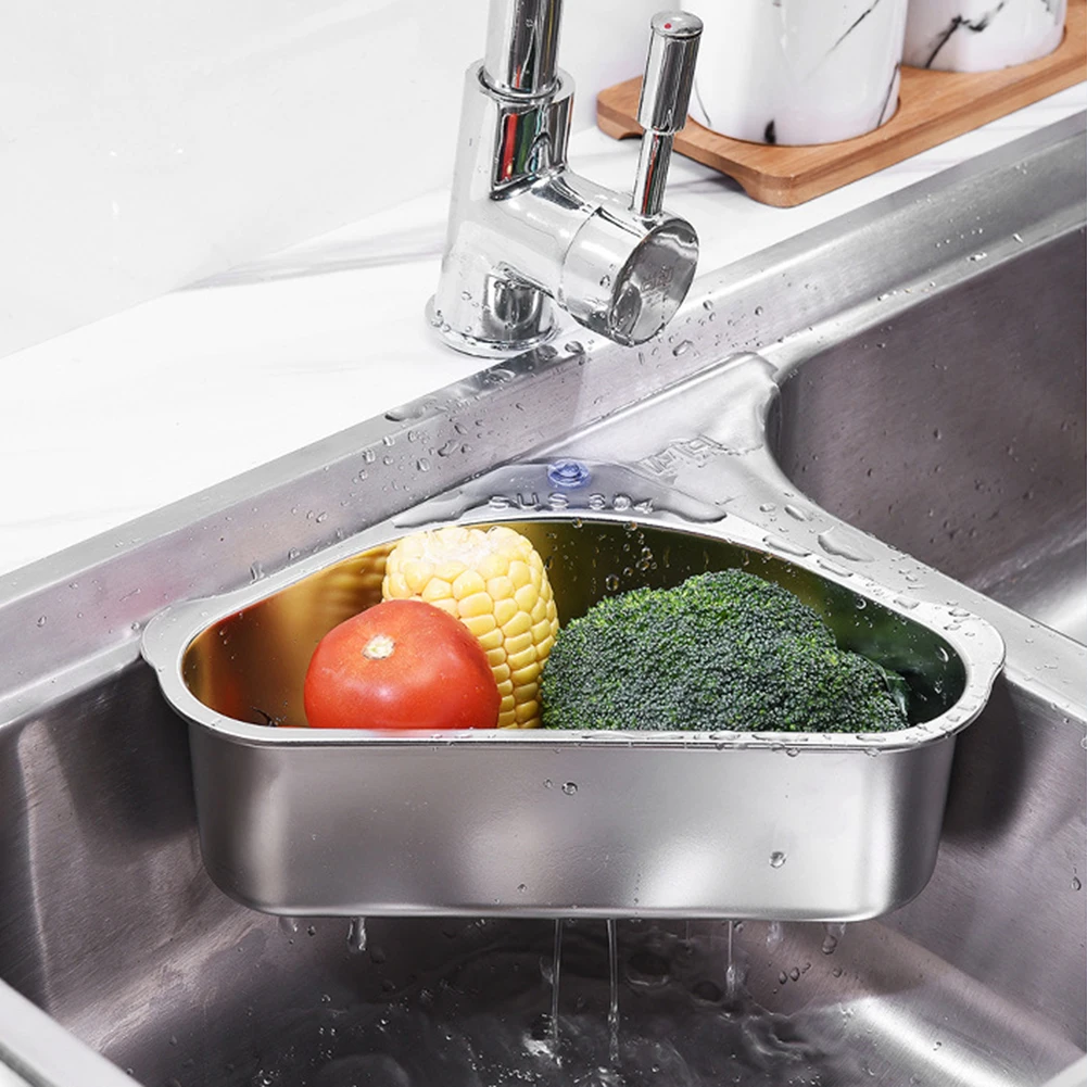 

Stainless Steel Triangular Drain Basket Holder Kitchen Vegetable Fruit Filter Sink Shelf Hanging Storage Strainer Tools