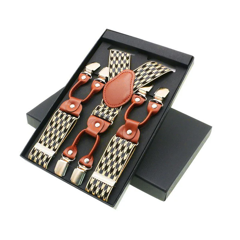 6 Clip Men's Suspenders Casual Fashion Unisex Braces Elegant Brown Leather Shirt Adjustable Belt Strap Dad Gift | Аксессуары для