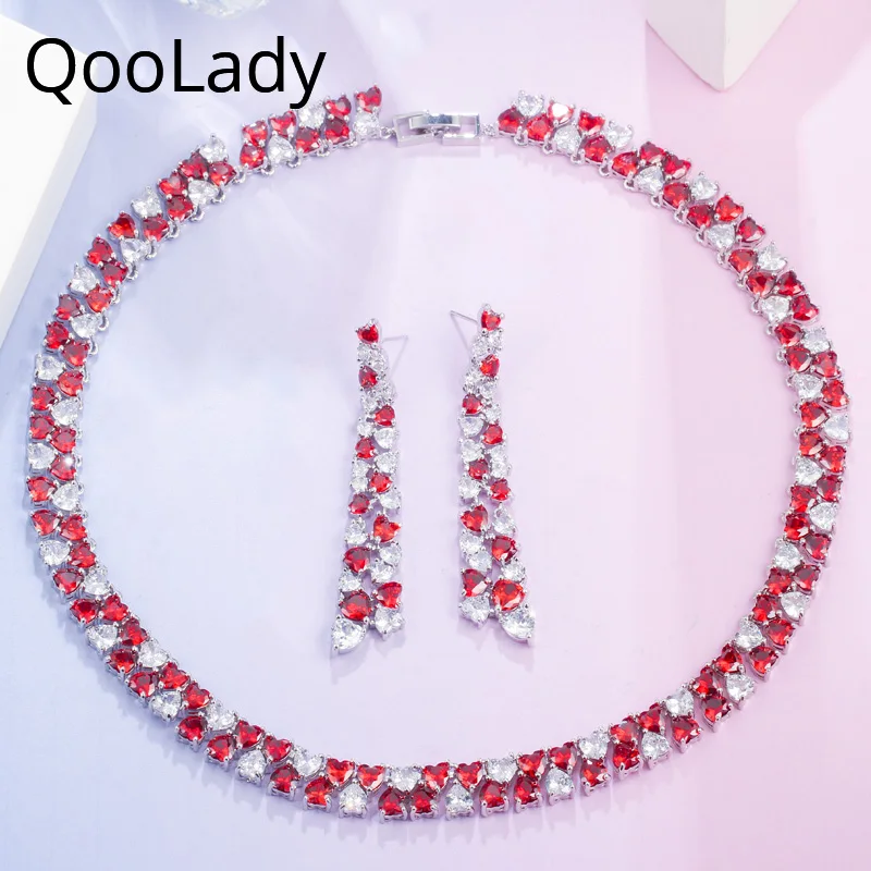 QooLady, классический элегантный круглый чокер, ожерелье, длинные серьги, красное сердце, CZ кристалл, набор украшений для женщин, любовь, юбилей,...