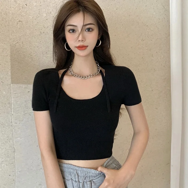 

Women Summer Solid Color T-shirt O Neck Halter Casual Slim Exposed Navel Knitted Short Sleeve Lady Tops