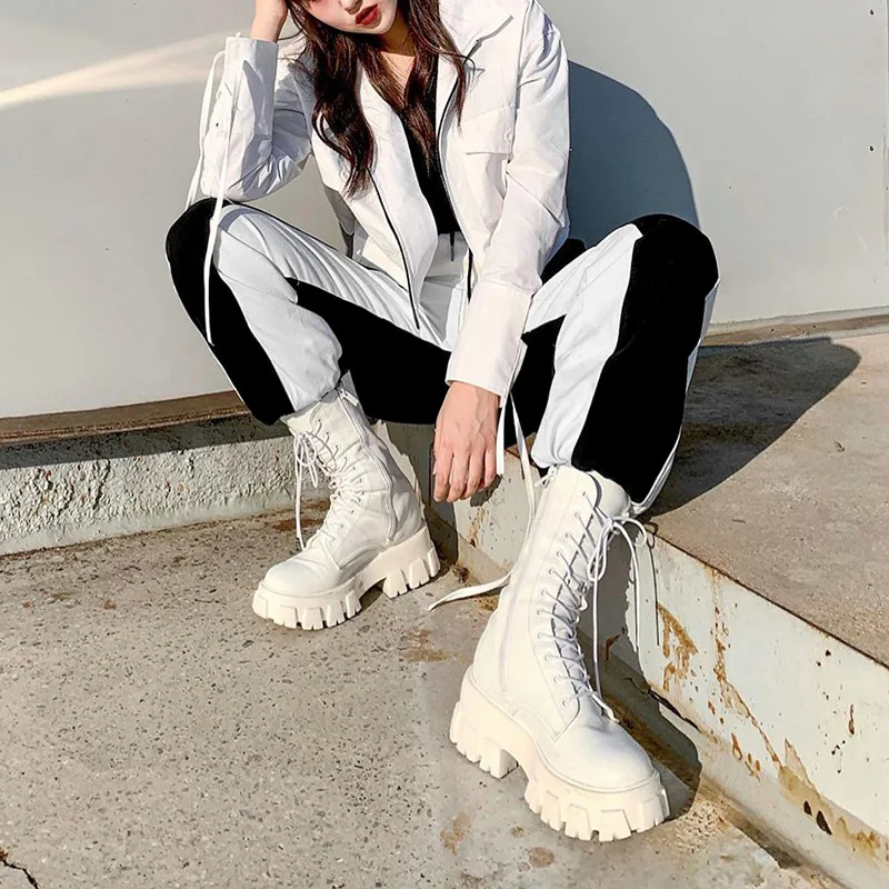 European American style street hip-hop trousers women's stitching contrast high-waist casual pants lace-up trousers overalls