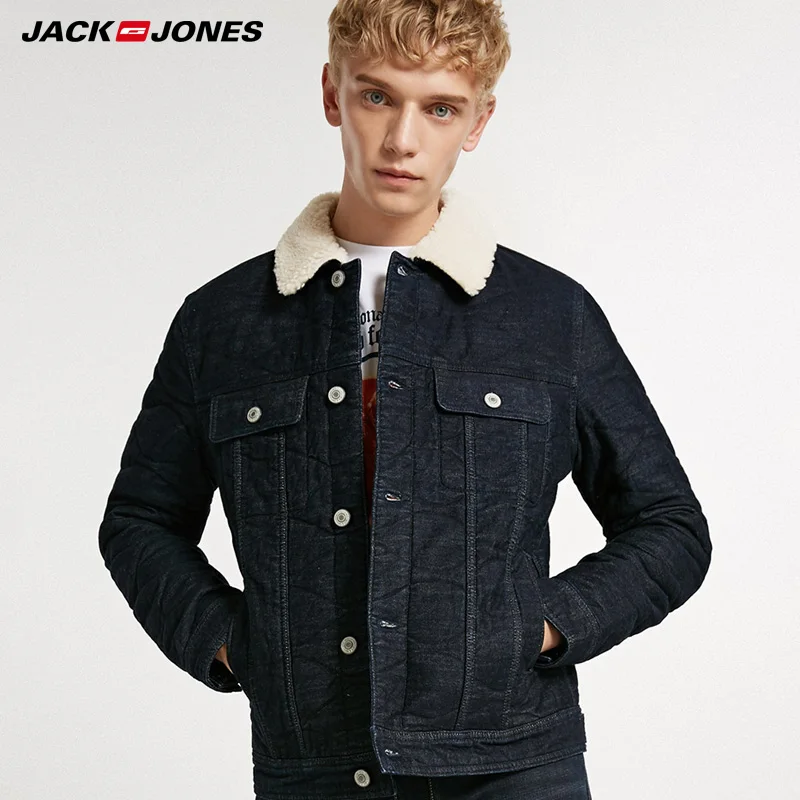 JackJones Осень Зима Мужчины ягненка меховой воротник джинсовая хлопковая куртка