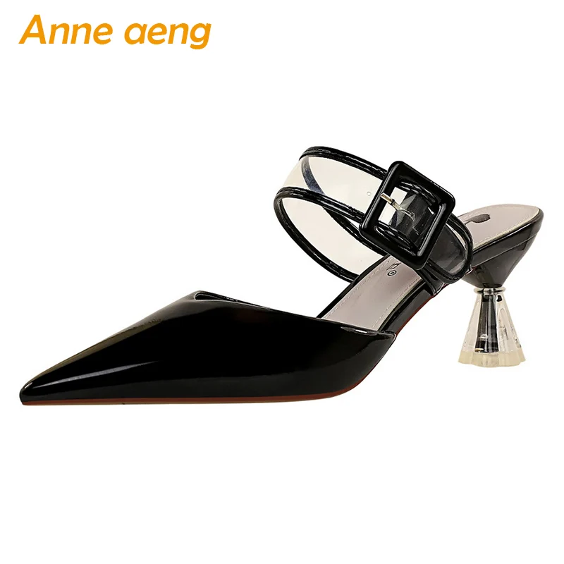 

2020 New Summer Outside Women Slippers High Spike Heel Pointed Toe Solid Buckle Sex Ladies Women Shoes Black Female Mules Slides