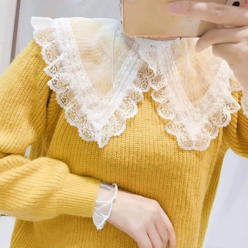 

Korean Women Chiffon False Fake Collar Transparent Hollow Scalloped Lace Lapel Detachable Half Shirt Blouse Clothing Accessory