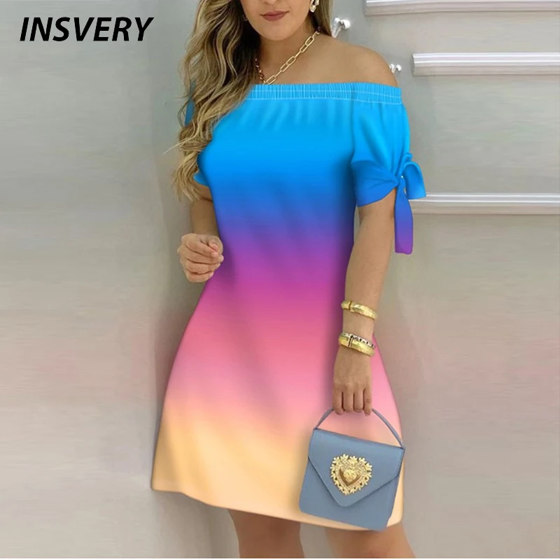 

Summer Dress Women Off Shoulder Sexy Mini Dresses For Women Tie-dye Print Short Sleeve Party Dress 2021 Casual Short Dress Boho