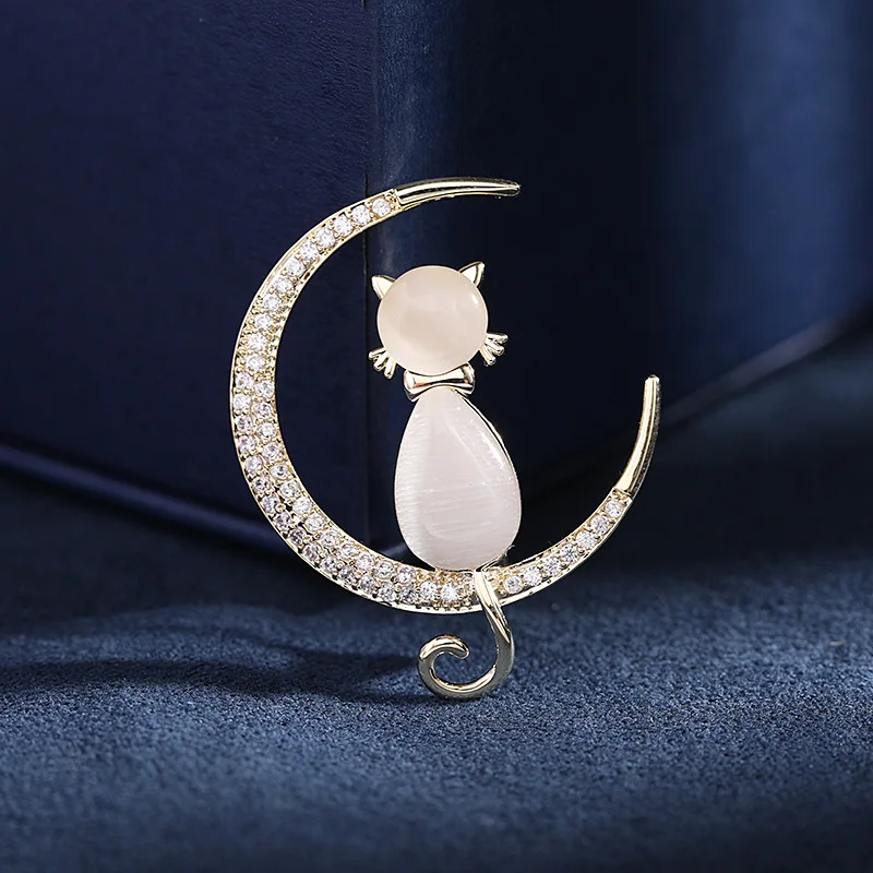 New High Quality Opal Crystal Design Moon Lovely Cat Temperament Women's Brooch Jewelry Luxury Cartoon | Украшения и