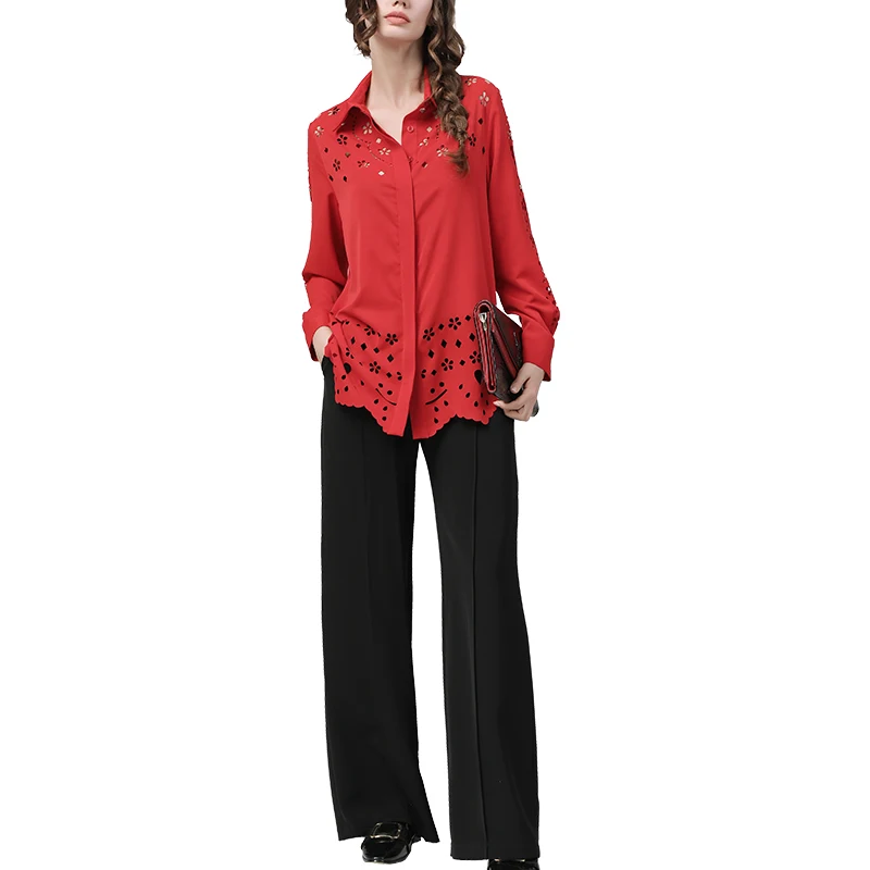 

2021 Spring New Red Long Women' Shirt Loose Plus Size Turn-Down Collar Long Sleeve Ladies Casual Office Fashion Hollow Out Tops