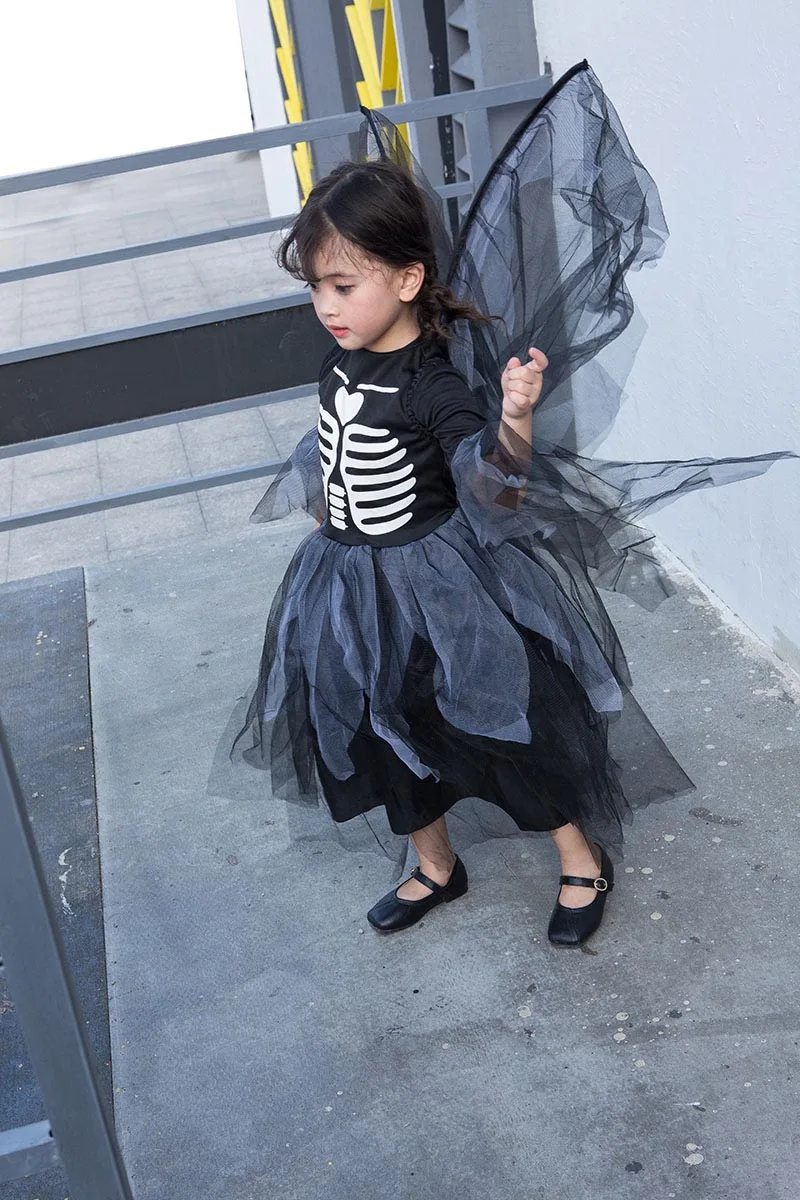 Хэллоуин ужас зомби Темный ангел костюм ребенок девочки кости скелета черепа