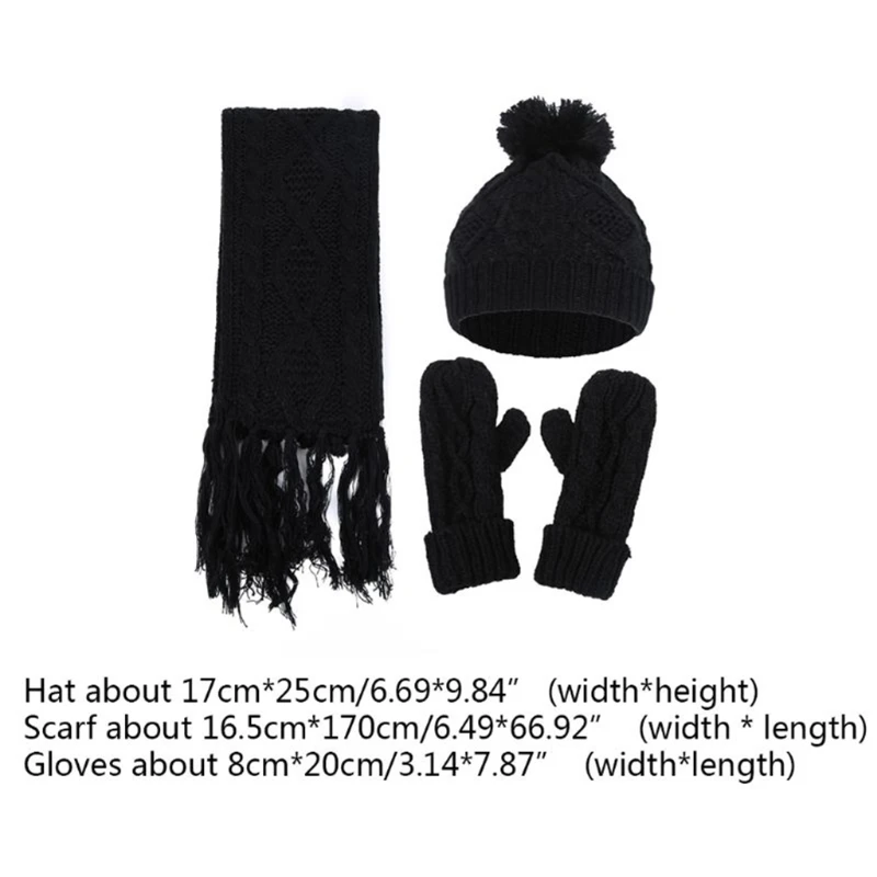 

3 In 1 Women Winter Girls Rhombus Cable Knit Warm Beanie Hat Scarf Gloves Set F3MD