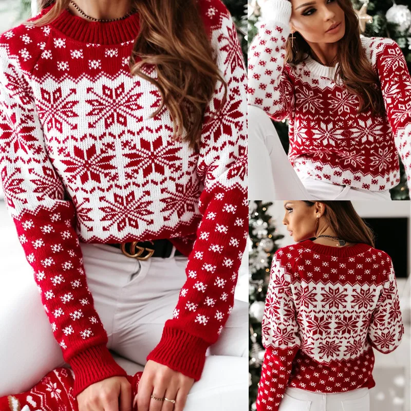 

Sweater Women Christmas Deer Knitted Long Sleeve Round Neck Ladies Jumper Fashion Casual Winter Autumn Pullover ClothesPlus Size