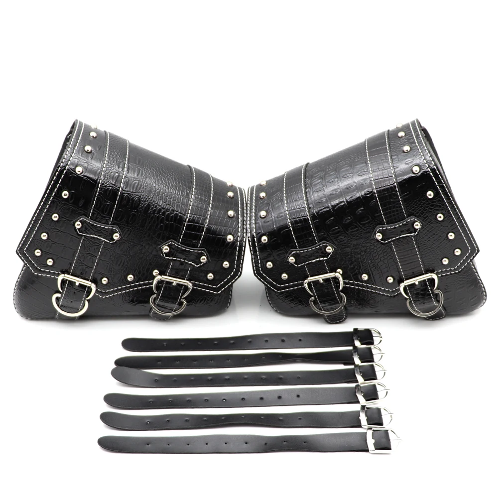 

Black Luxury Motorcycle Side Saddlebags Tools Outdoor Luggage Motorcycle Bag Pouch Triangle Crocodile Pattern Metal Buckle Bag
