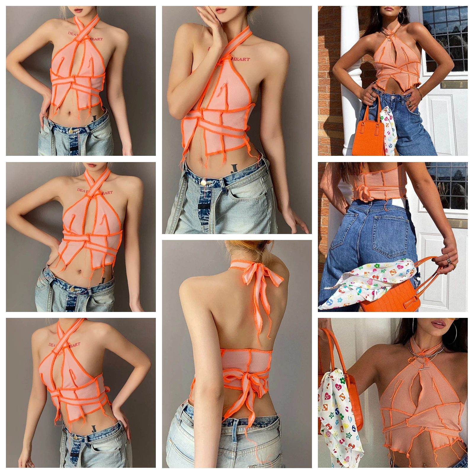 

Summer Women\u2019s Casual Fashion Stitching Hollow Vest Sexy Halter Bandage Exposed Navel Slim Fit Camisole