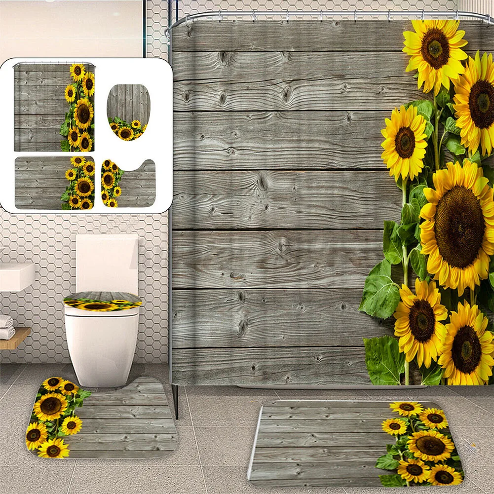 

4pcs Dorm Shower Curtain Set Toilet Lid Cover Rugs With Hooks Soft Waterproof Bath Mat Hotel Bathroom Sunflower Print Home Decor